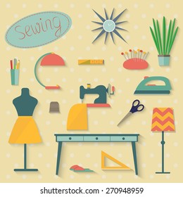 Sewing items and tools. Set of flat vector illustrations.