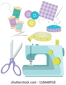 Sewing Items Various haberdashery items, including sewing machine,thread,needles,scissors,tape measure,buttons, fabric, pins