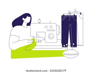 Sewing jeans abstract concept vector illustration. Professional tailor sewing jeans using machine, clothing manufacturing, light industry, jeans production, fashion sector abstract metaphor.