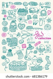 Sewing Kit big collection, Doodles, hand drawn design elements, Vector
