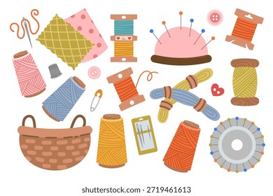 Kit de costura, una colección de herramientas y accesorios de costura de estilo plano dibujados a mano. Aros de bordado, cesta de almacenamiento, hilo y agujas. Para manualidades y pasatiempos.