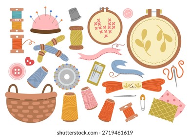 Kit de costura, una colección de herramientas y accesorios de costura de estilo plano dibujados a mano. Se incluyen aros de bordado, cesta de almacenamiento e hilos. Para manualidades y pasatiempos.