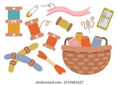Kit de costura, una colección de herramientas y accesorios de costura de estilo plano dibujados a mano. Hilos, agujas y tela
