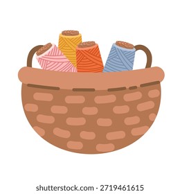 Kit de costura, una colección de herramientas de costura y accesorios, dibujado a mano en un estilo plano. Se incluye una cesta de hilos y un contenedor de almacenamiento.