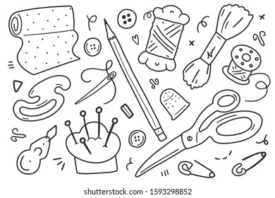 Sewing kit, collection of vector alip arts , tools, equipment and accessories. Set of isolated doodle illustrations, good for workshop, studio atelier or seamstress. Scissors, needles and fabric roll