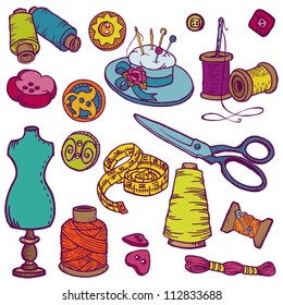 Sewing Kit Doodles - hand drawn design elements in vector