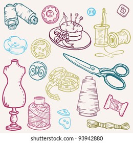 Sewing Kit Doodles - hand drawn design elements in vector