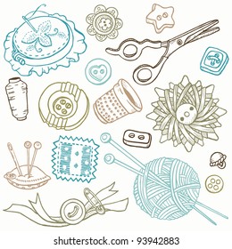 Sewing Kit Doodles - hand drawn design elements in vector