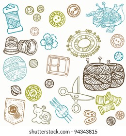 Sewing Kit Doodles - hand drawn design elements in vector