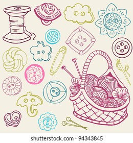 Sewing Kit Doodles - hand drawn design elements in vector