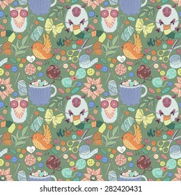 Sewing Kit Doodles. Seamless pattern with illustrations of sewing tools. Lovely needlework set in vector: scissors,sewing and other handicrafts items. Vintage set in cartoon style in awesome colors