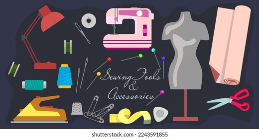 Sewing kit. Everything for sewing, elements for a set. Threads, needles, sewing machine on a blue background elements.