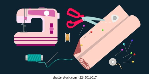 Sewing kit. Everything for sewing, elements for a set. Threads, needles, sewing machine on a blue background elements.