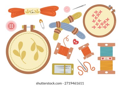 Kit de costura con una colección de herramientas planas dibujadas a mano y accesorios para coser. El conjunto incluye aros de bordado, hilo y agujas. Ideal para manualidades y pasatiempos.