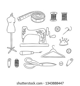 Sewing kit hand drawn icons