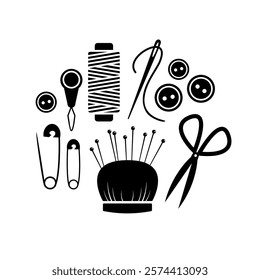 Sewing kit, handicraft equipment illustration.