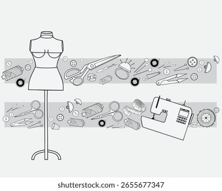 Sewing kit. Isolated on white background. Vector illustration. Hand drawn needlework tools.