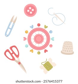 Sewing kit, needle case, scissors, thimble, on white background vector illustration