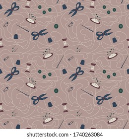 Sewing kit, needles, thread, scissors seamless pattern, illustration. Vector repeating background for fabric and paper.