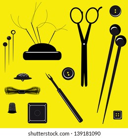 Sewing kit on a yellow background. A vector illustration