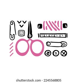 Sewing kit. Scissor, stitches, buttons and bobbin. Black and white doodles. Hand drawn icons collection. Vector illustration.