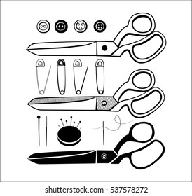 Sewing kit with scissors, buttons,pins and needles black lines illustrations