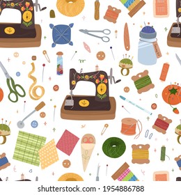 Sewing Kit seamless pattern. Needlework concept. Various sewing tools.