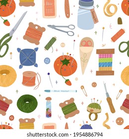 Sewing Kit seamless pattern. Various sewing tools.