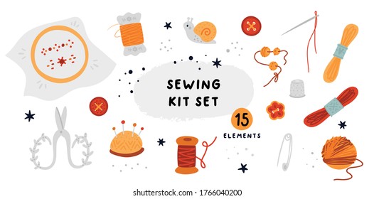 Sewing kit set: thread, bobbin, embroidery, scissors, ball of string, needles, pins, thimble, buttons, embroidery floss. Collection for hobbies, crafts, creativity. Equipment set for hand made work