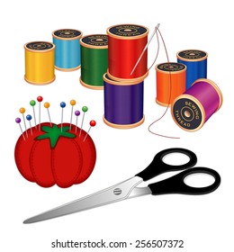 Sewing kit with silver needle, spools of thread, scissors, pincushion, pins, isolated on white background for DIY sewing, tailoring, quilting, crafts, embroidery, needlework, EPS8 compatible.