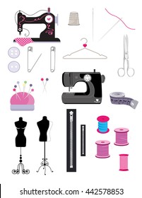 Sewing kit vector clipart.Minimalistic set of elements isolated and totally editable.Manequins,zipper,thread,scissors and other tailoring items