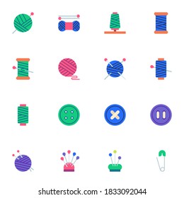 Sewing and knitting collection, flat icons set, Colorful symbols pack contains - balls of yarn knitting needles, thread , buttons, pin. Vector illustration. Flat style design