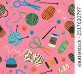 Sewing, knitting, crochet seamless pattern. Texture with hobby supplies. Thread, needle, scissors, yarn ball. Vector background for paper, wallpaper, textile, fabric. Handmade, handcraft, DIY concept