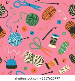 Sewing, knitting, crochet seamless pattern. Texture with hobby supplies. Thread, needle, scissors, yarn ball. Vector background for paper, wallpaper, textile, fabric. Handmade, handcraft, DIY concept