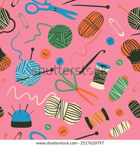 Sewing, knitting, crochet seamless pattern. Texture with hobby supplies. Thread, needle, scissors, yarn ball. Vector background for paper, wallpaper, textile, fabric. Handmade, handcraft, DIY concept