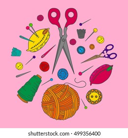 Sewing and knitting doddle icons colored set isolated on pink background. Needlework cartoon tools for mending clothes. Vector illustration.