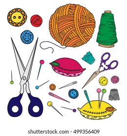 Sewing and knitting doddle icons colored set isolated on white background. Needlework cartoon tools for mending clothes. Vector illustration.