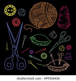 Sewing and knitting doddle icons colored set isolated on black background. Needlework cartoon tools for mending clothes. Vector illustration.