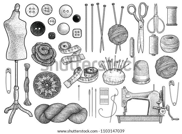 Sewing, knitting equipment\
collection illustration, drawing, engraving, ink, line art,\
vector\
