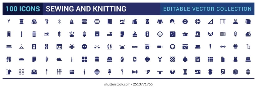 Symbol-Set für Näh- und Strickausrüstung. Kollektion von durchgezogenen Symbolen. Gefüllter Symbolsatz, fester Symbolsatz. Glyphensymbolsatz für Web und ui. Bearbeitbarer Strich. Vektorgrafik.