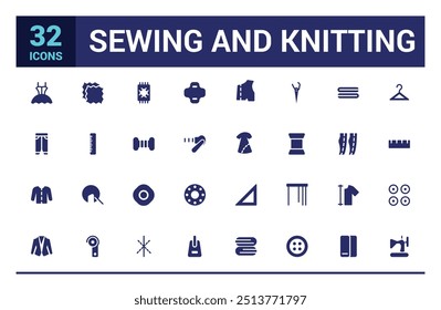 Sewing and Knitting equipment icon set. Solid icons collection. Filled icon set, solid icon set. Glyph icon set for web and ui. Editable stroke. Vector illustration.