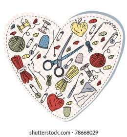 Sewing and knitting heart funny cartoon
