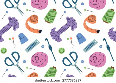 Sewing and knitting hobby seamless pattern, flat cartoon measuring tape, threads, wool balls, crochet hook, needles, scissors, thimble. Needlework and clothing repair accessories vector illustration