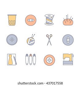 Sewing and knitting icons set. Skein of yarn and knitting needles, spool of thread, scissors, thimble, sewing buttons, needle case, pattern, safety pins and sewing machine.  Vector flat  illustration