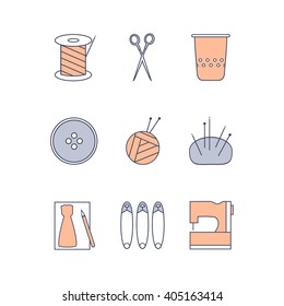 Sewing and knitting icons. Spool of thread, scissors, thimble, sewing button, skein of yarn and knitting needles, needle case, pattern, safety pins and sewing machine. Vector line set