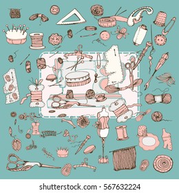 Sewing and knitting set. All elements for sewing and knitting design. Thimble, needle, thread, bobbin, scissors. Vector ink hand drawing  illustration.