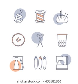 Sewing and knitting tools. Skein of yarn and knitting needles, spool of thread, scissors, thimble, sewing button, needle case, pattern, safety pins and sewing machine.  Vector line color icons set