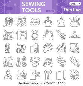 Sewing and knitting tools symbols collection or sketches, sewing theme in thin line style signs for web and app. Vector graphics isolated on white background