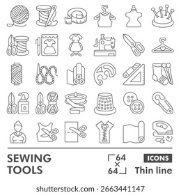 Herramientas de coser y tejer símbolos de colección o bocetos, tema de costura en signos de estilo de línea delgada para Web y App. Gráficos de Vector aislados sobre fondo blanco