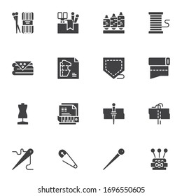 Sewing and knitting vector icons set, modern solid symbol collection, filled style pictogram pack. Signs logo illustration. Set includes icons as  needles, scissors, yarn, tailors dummy, pin, spools
